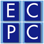 ECPC lettering, white letters on blue background