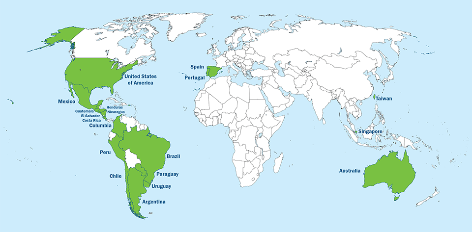 Map with countries highlighted: USA, Mexico, Guatemala, El Salvador, Costa Rica, Honduras, Nicaragua, Columbia, Peru, Chile, Brazil, Paraguay, Uruguay, Argentina, Spain, Portgula, Taiwan, Singapore, and Australia
