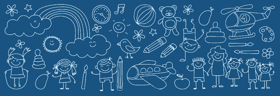 Artwork: A childlike drawing of children, pens, pencils and paintbrushes, helicopters, apples, clouds, clocks, musical instruments.