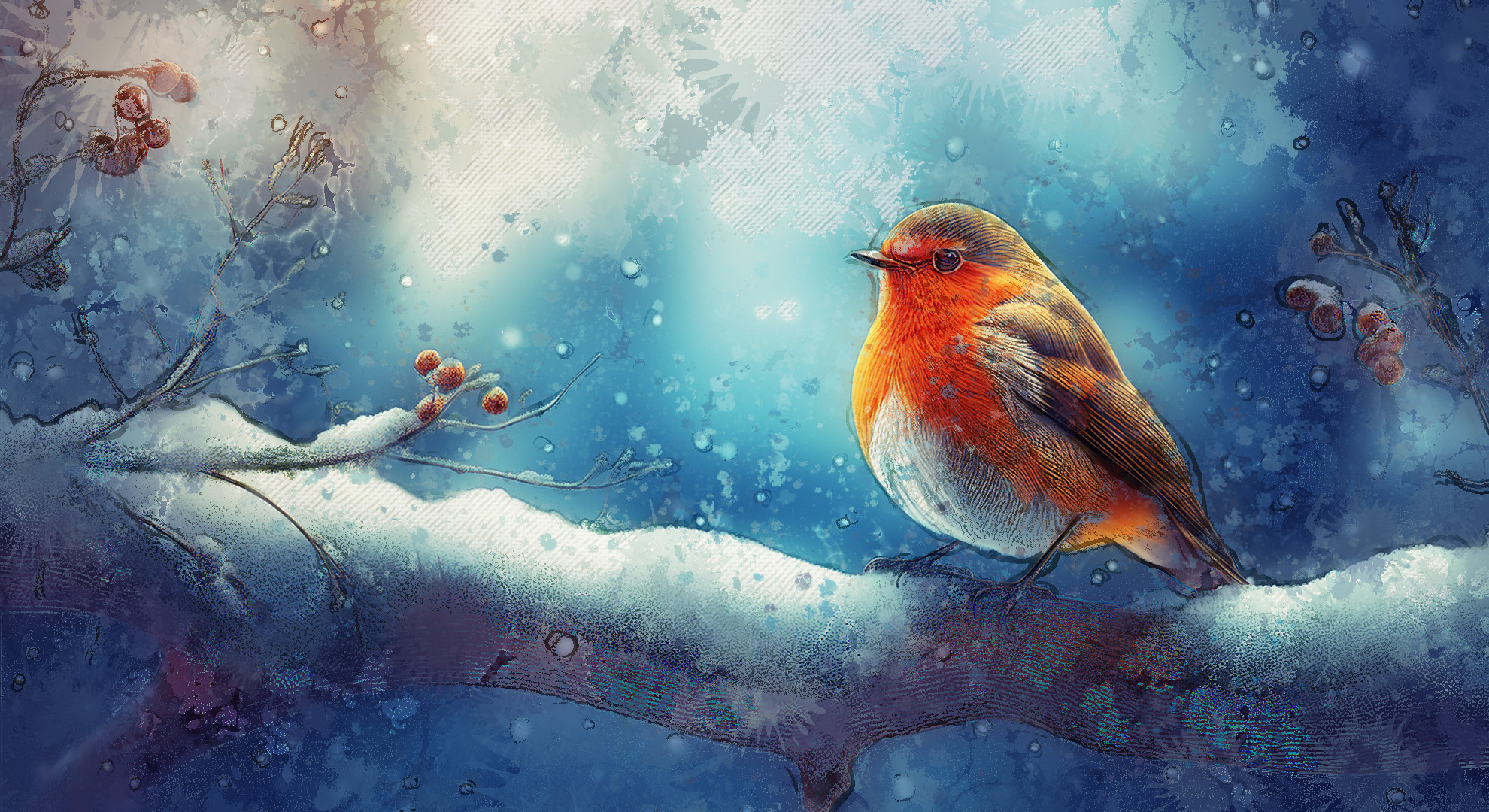 Illustration: A red-breasted robin sits on a snowy tree branch with red berries.